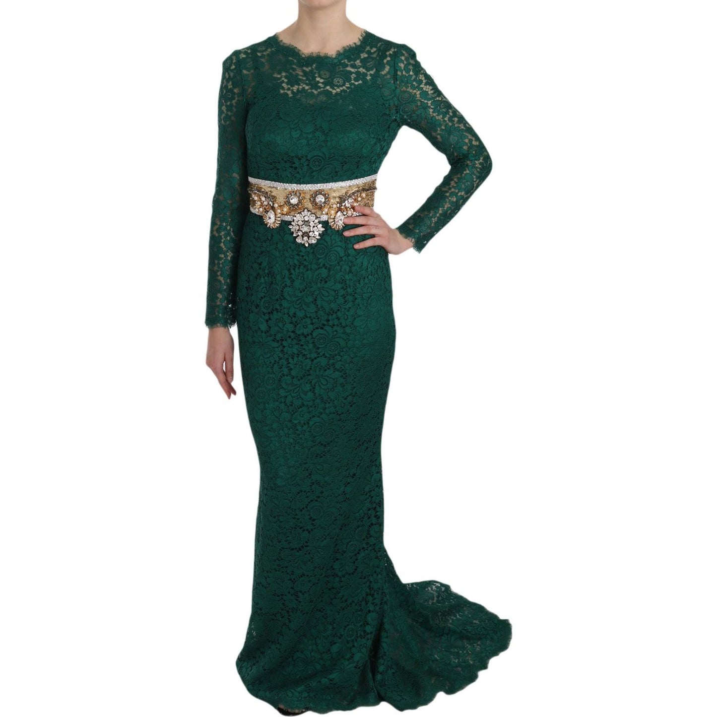Dolce & Gabbana Crystal Gold Belt Lace Sheath Gown Dress DR1653-42