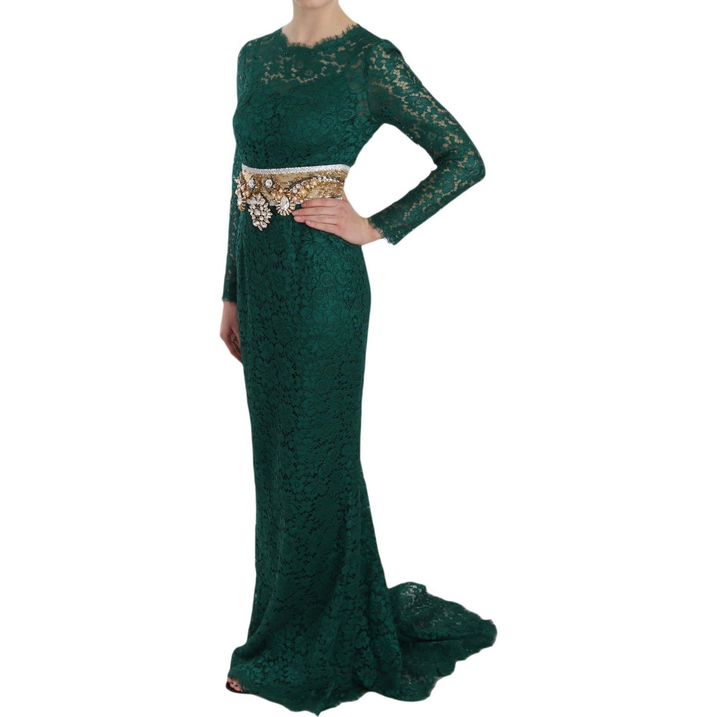 Dolce & Gabbana Crystal Gold Belt Lace Sheath Gown Dress DR1653-42