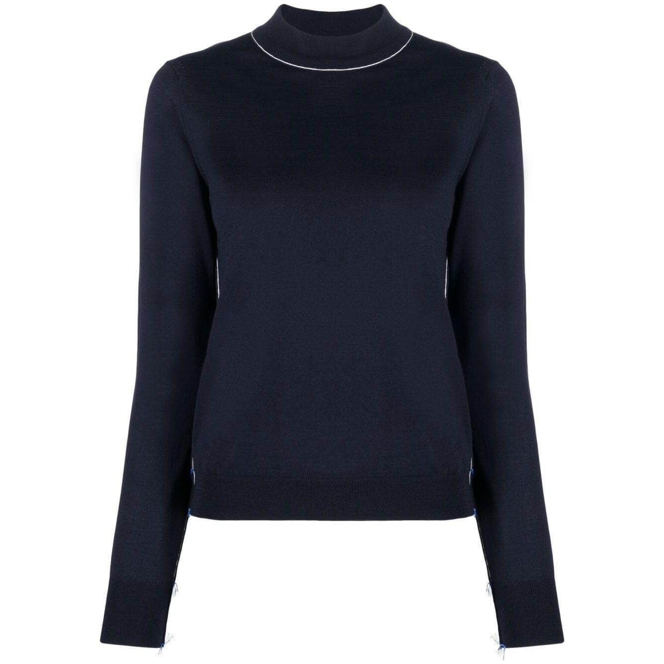 Maison Margiela navy blue wool jumper with round neck and long sleeves, featuring frayed detailing and contrast trim. True to size fit.