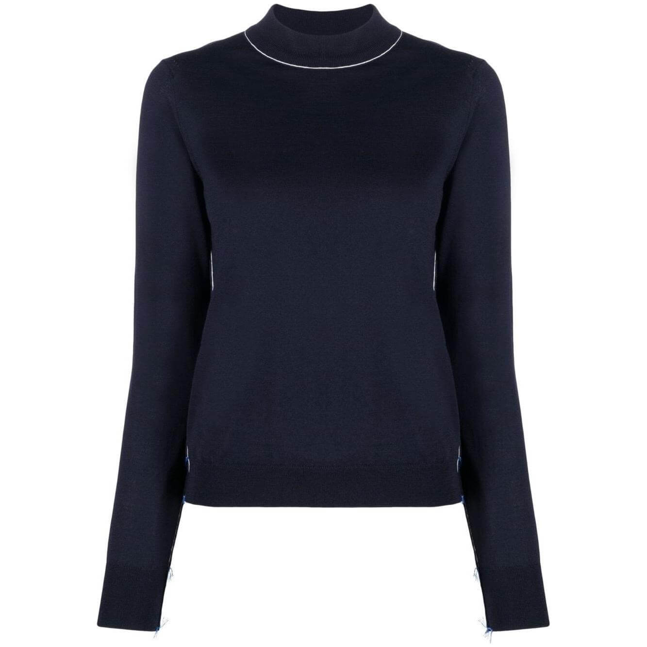 Navy blue Maison Margiela long-sleeved wool jumper with frayed detailing, featuring a round neck and straight hem. True to size fit.