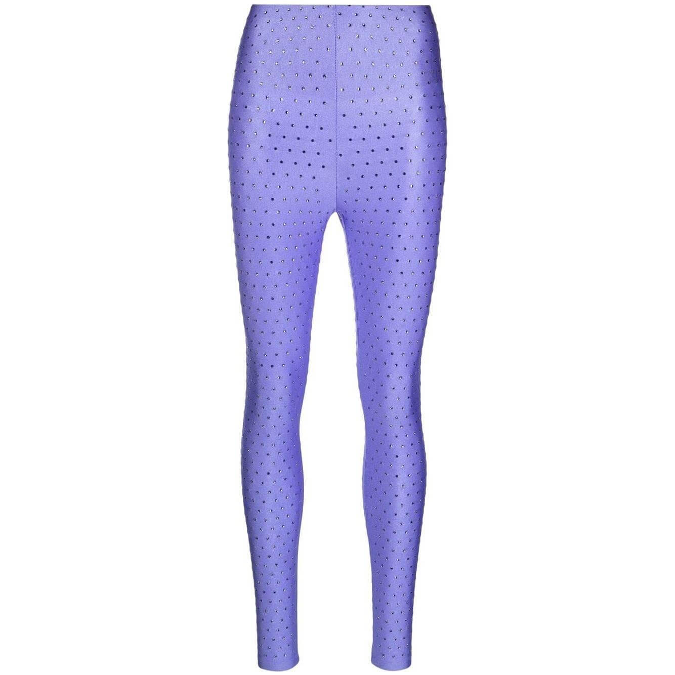 Lilac rhinestone embellished leggings by The Andamane, high-waisted, skinny fit, stretch design, perfect for stylish evening wear.