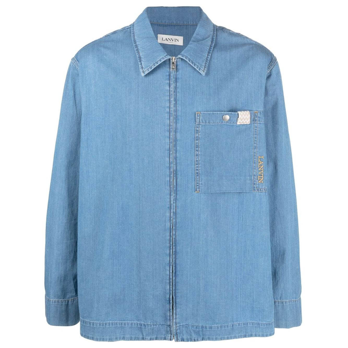 Lanvin light blue denim shirt with zip-up front, classic collar, embroidered logo, and front patch pocket. Perfect for stylish casual wear.