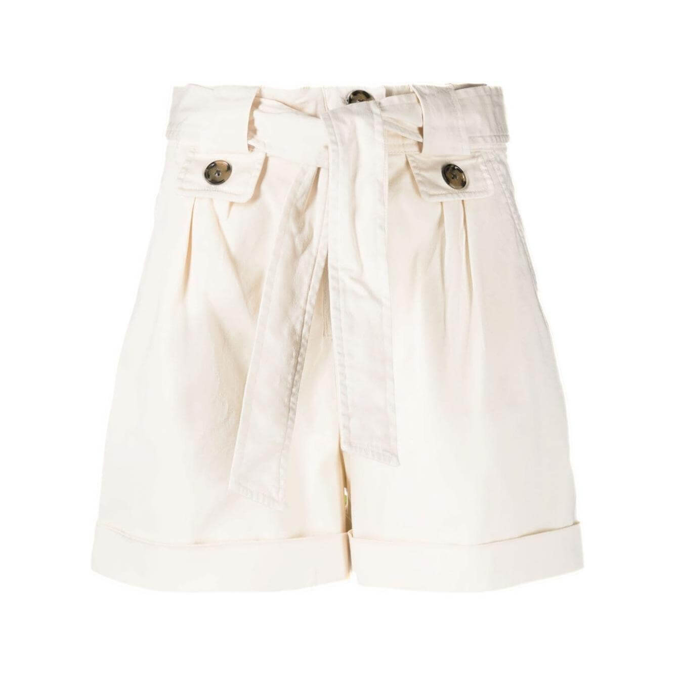 Woolrich beige tie-waist cotton shorts with front button fastening and turn-up hem, thigh-length for a stylish summer look.