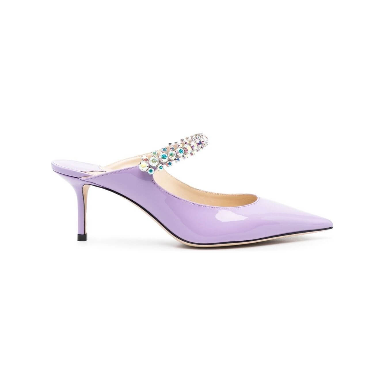 Jimmy Choo Bing 65mm lilac patent leather mules with crystal embellishment, pointed toe, and stiletto heel, side view.
