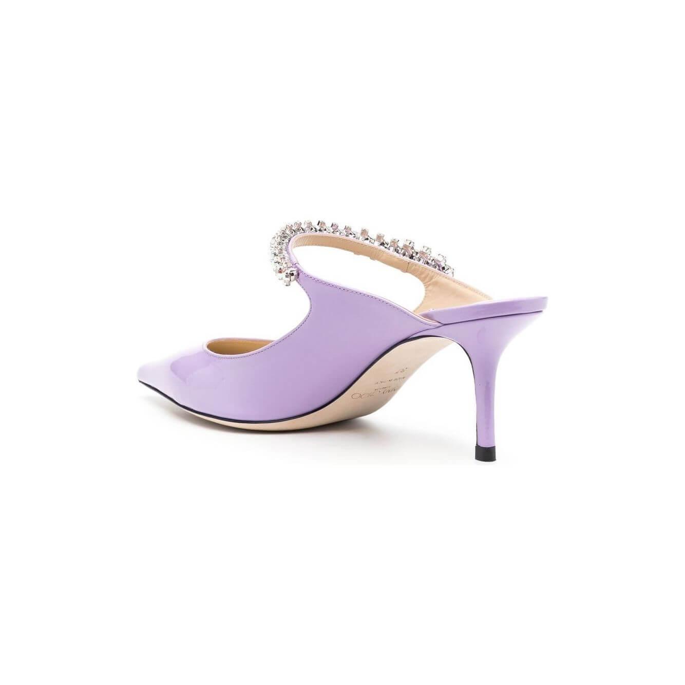 Side view of Wisteria Aurora lilac Jimmy Choo Bing 65mm patent leather mules with crystal embellishment and stiletto heel.