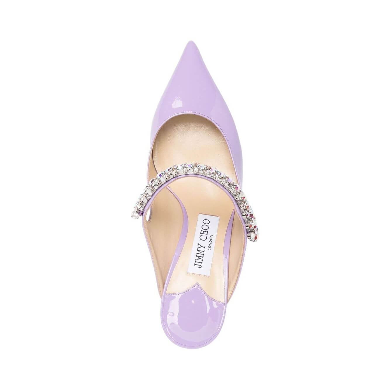 Top view of Jimmy Choo Bing 65mm lilac patent leather mule with crystal embellishment on pointed toe and stiletto heel.