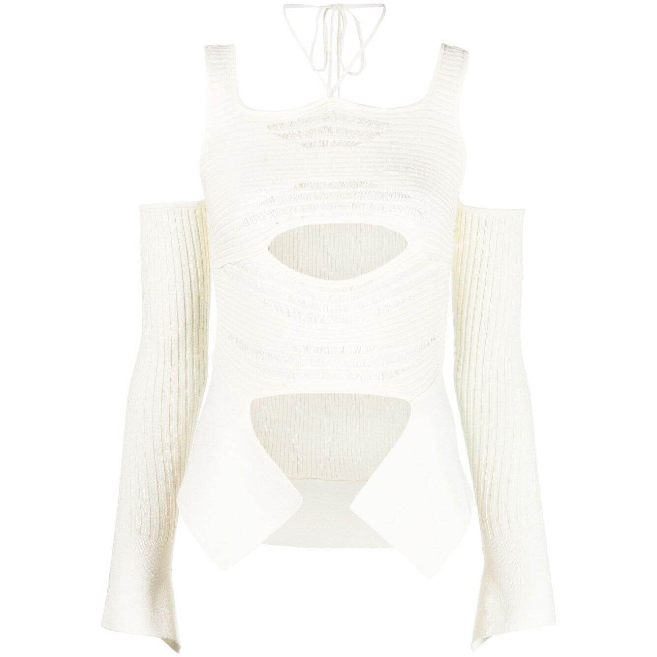 Ivory white ribbed knit top by Andrea Adamo featuring cut-out details, wide shoulder straps, and halterneck tie fastening.
