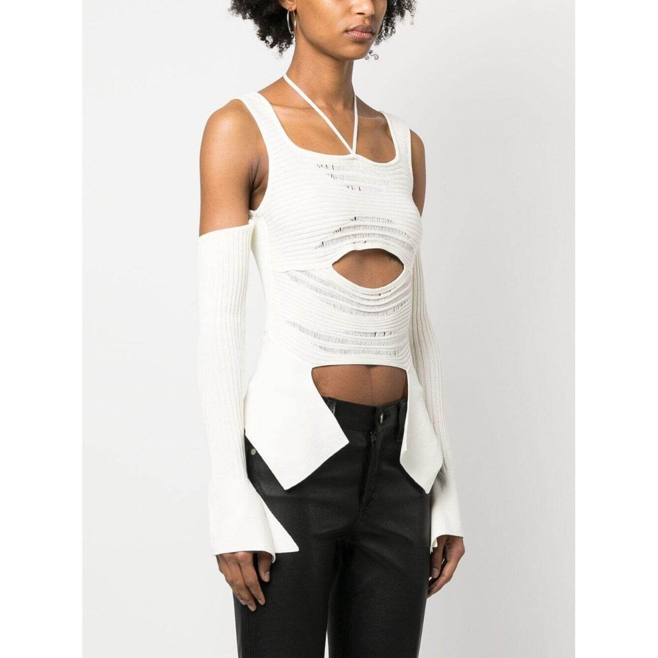 Andrea Adamo white ribbed knit top with cut-out details, halterneck tie, crop sleeves, and distressed effect. Elegant and edgy fashion statement.