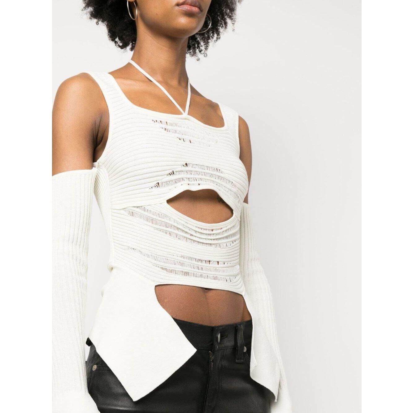 Ivory white cut-out ribbed knit top with wide shoulder straps, crop sleeves, halterneck tie fastening, and distressed effect.