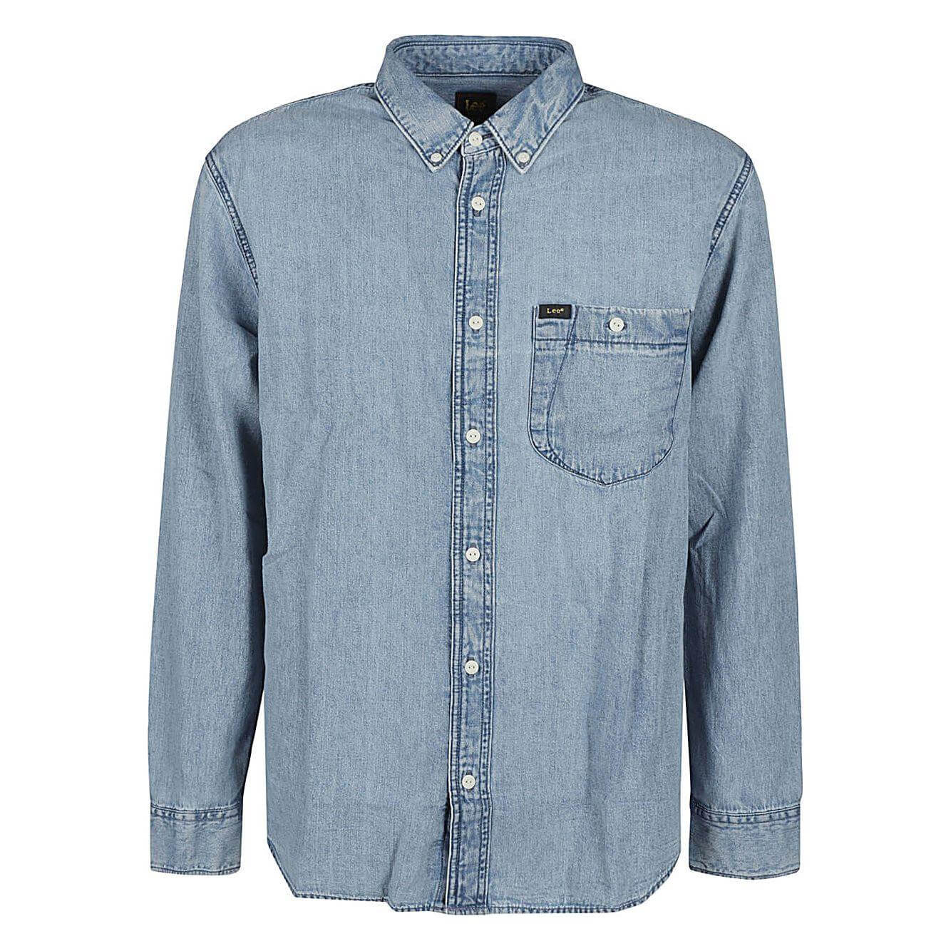 Lee clear blue denim shirt with chest pocket and logo, suitable for casual wear, size medium, fits true to size.