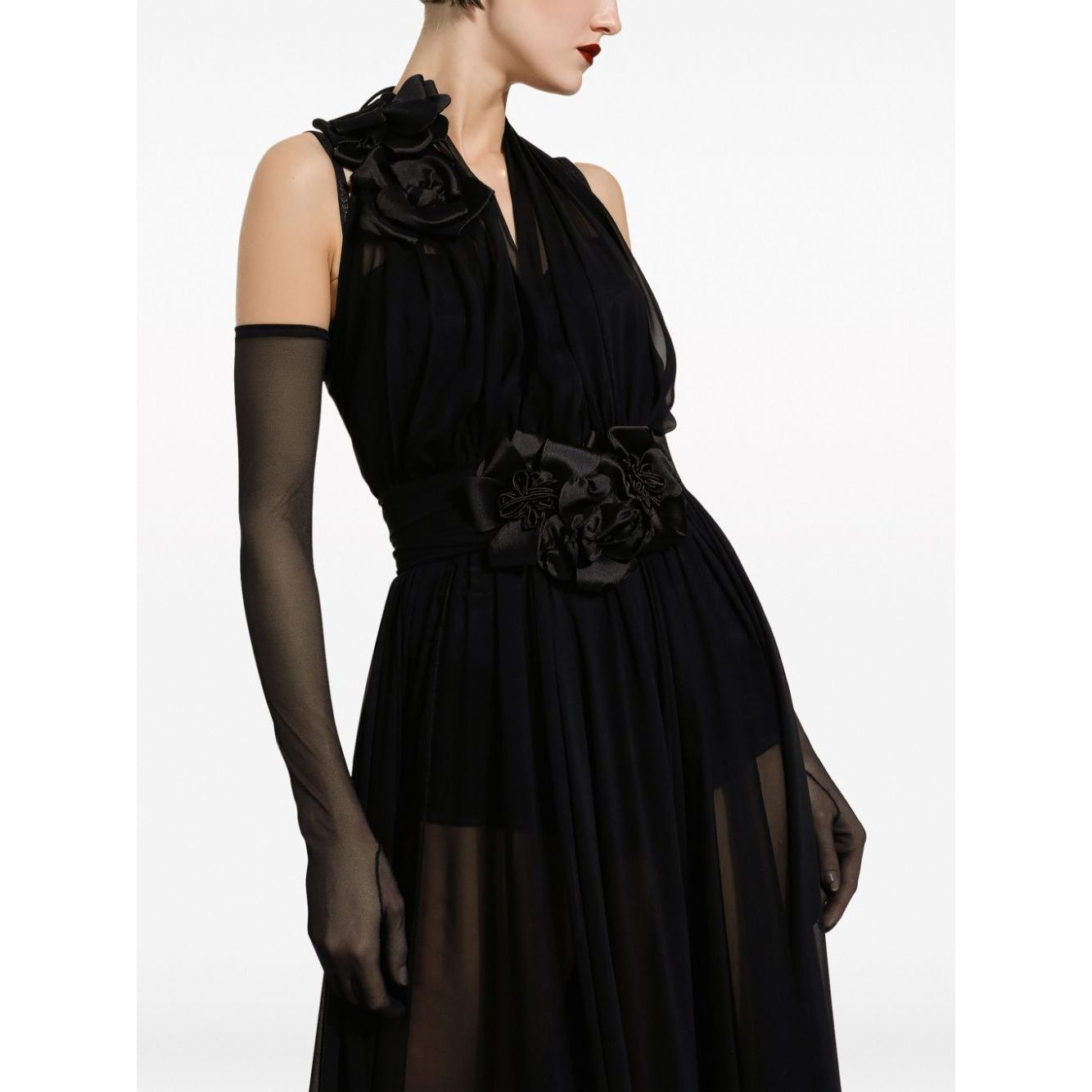 Dolce & Gabbana Long silk chiffon dress with floral appliqué Dresses
