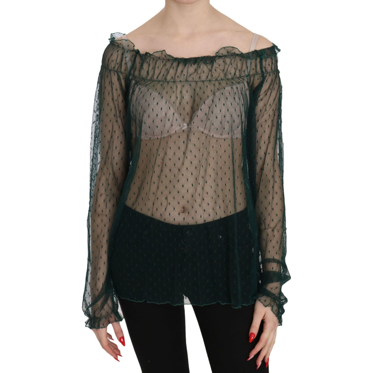 PINK MEMORIES Green Mesh See Through Long Sleeve Top Blouse TSH3464-40
