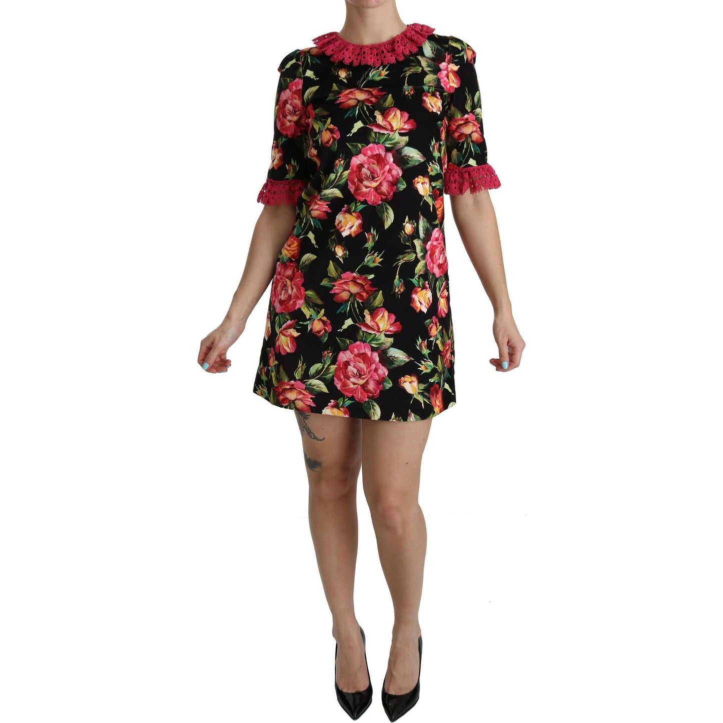 Dolce & Gabbana Floral Pink Lace A-Line Shift Mini Dress DR2085-38