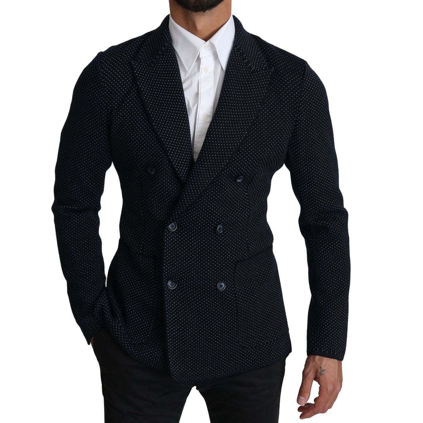 Dolce & Gabbana Dark Blue Dotted Double Breasted Coat Blazer KOS1536-50