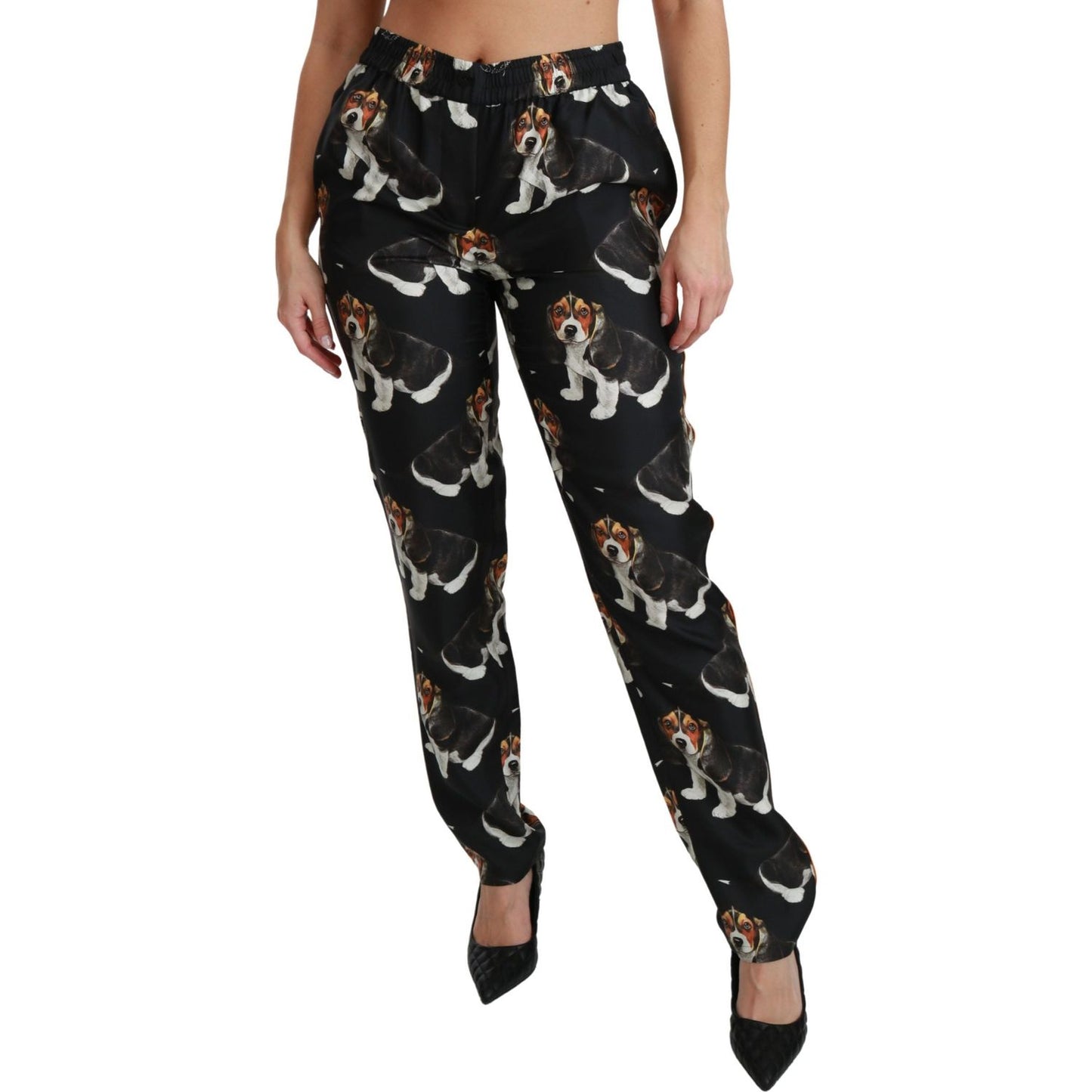 Dolce & Gabbana Black Puppy Dog Mid Waist Skinny Silk Pants