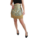 Dolce & Gabbana Blue High Waist Jacquard Tassel Gold Skirt SKI1425-38