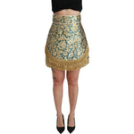 Dolce & Gabbana Blue High Waist Jacquard Tassel Gold Skirt SKI1425-38