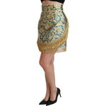 Dolce & Gabbana Blue High Waist Jacquard Tassel Gold Skirt SKI1425-38
