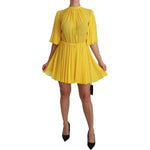 Dolce & Gabbana Yellow Pleated A-line Mini 100% Silk Dress DR2516-40