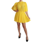 Dolce & Gabbana Yellow Pleated A-line Mini 100% Silk Dress DR2516-40