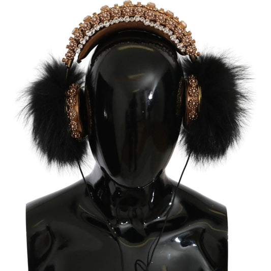Dolce & Gabbana Gold Black Crystal Fur Headset Audio Headphones