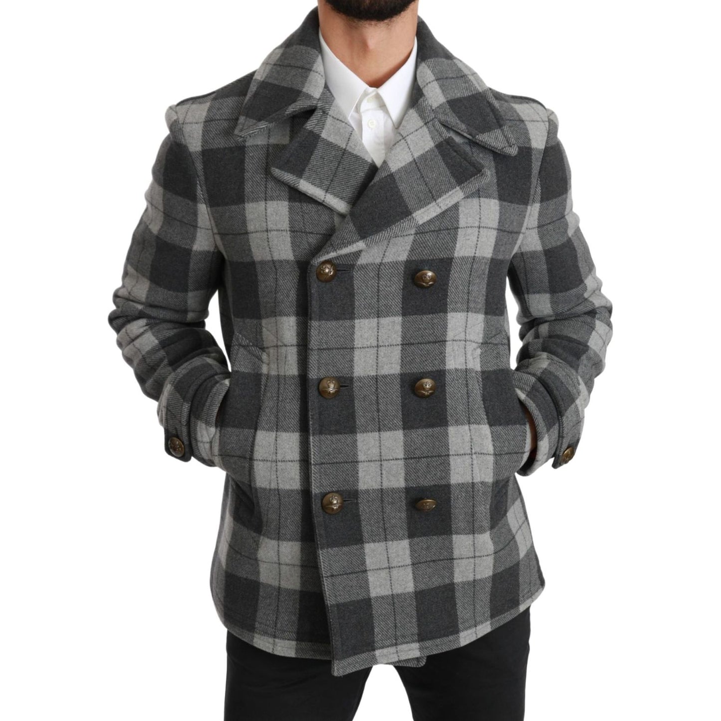 Dolce & Gabbana Elegant Gray Check Double Breasted Coat Dolce & Gabbana Dark Slate Gray