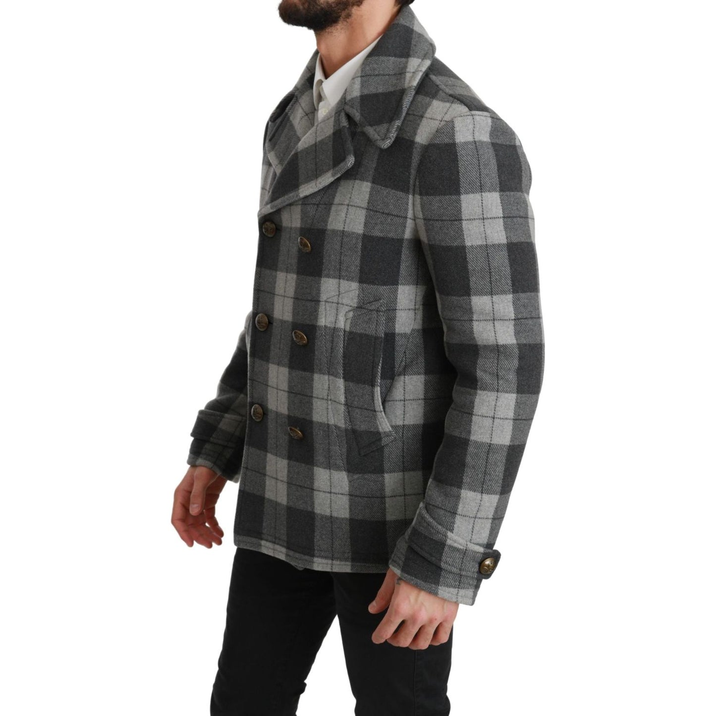 Dolce & Gabbana Elegant Gray Check Double Breasted Coat Dolce & Gabbana Dark Slate Gray