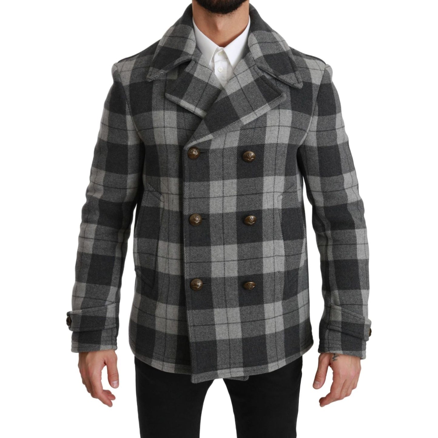 Dolce & Gabbana Elegant Gray Check Double Breasted Coat Dolce & Gabbana Dark Slate Gray