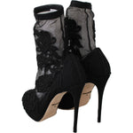 Dolce & Gabbana Black Roses Stilettos Booties Socks Shoes LA6147-39