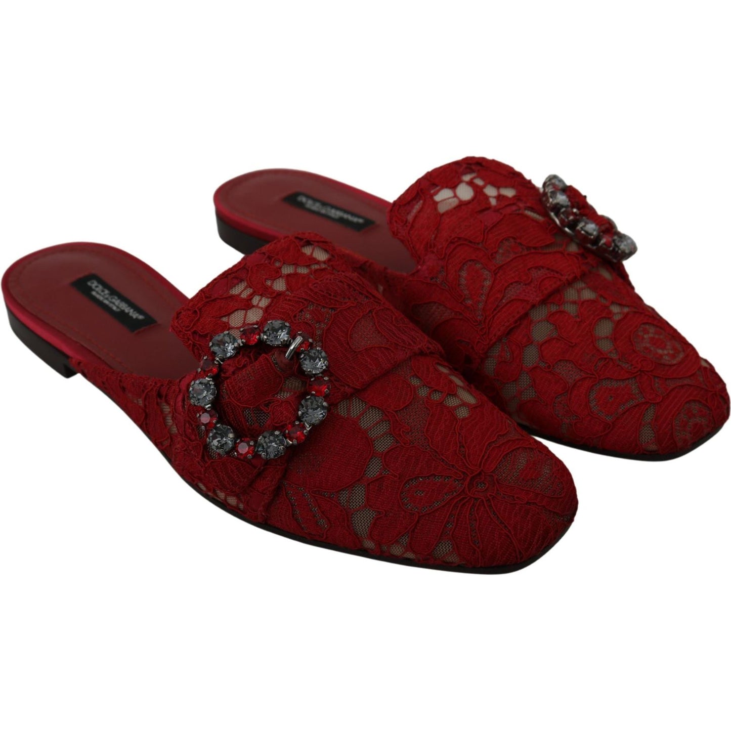 Dolce & Gabbana Red Lace Crystal Slide On Flats Shoes LA6581-35