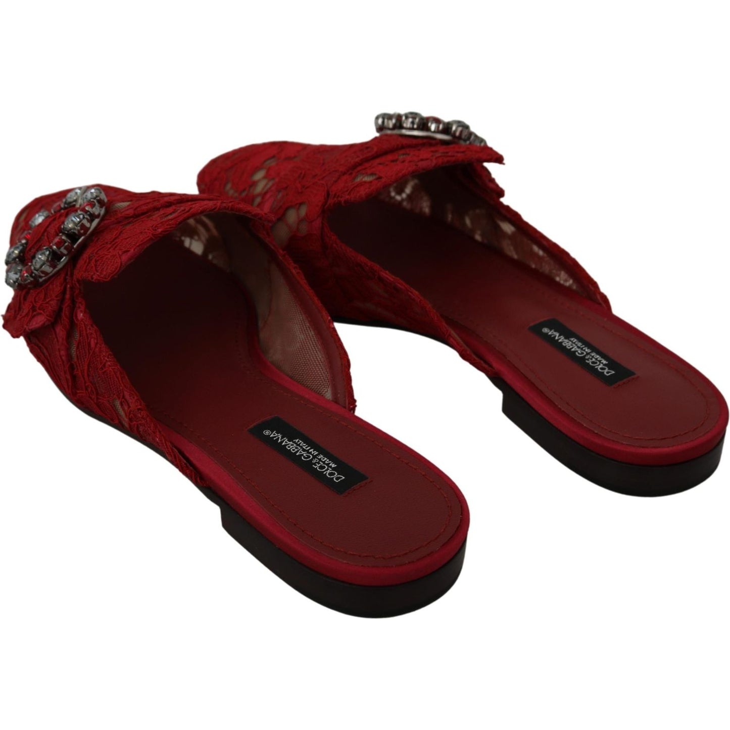Dolce & Gabbana Red Lace Crystal Slide On Flats Shoes LA6581-35