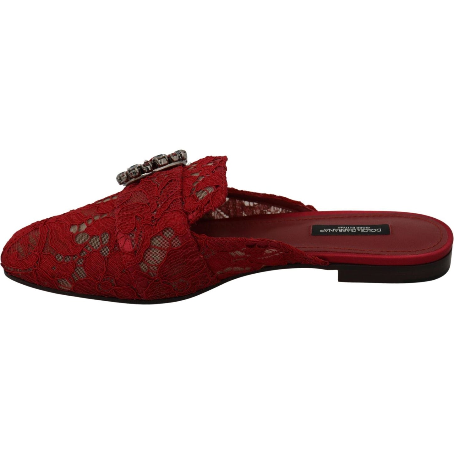 Dolce & Gabbana Red Lace Crystal Slide On Flats Shoes LA6581-35