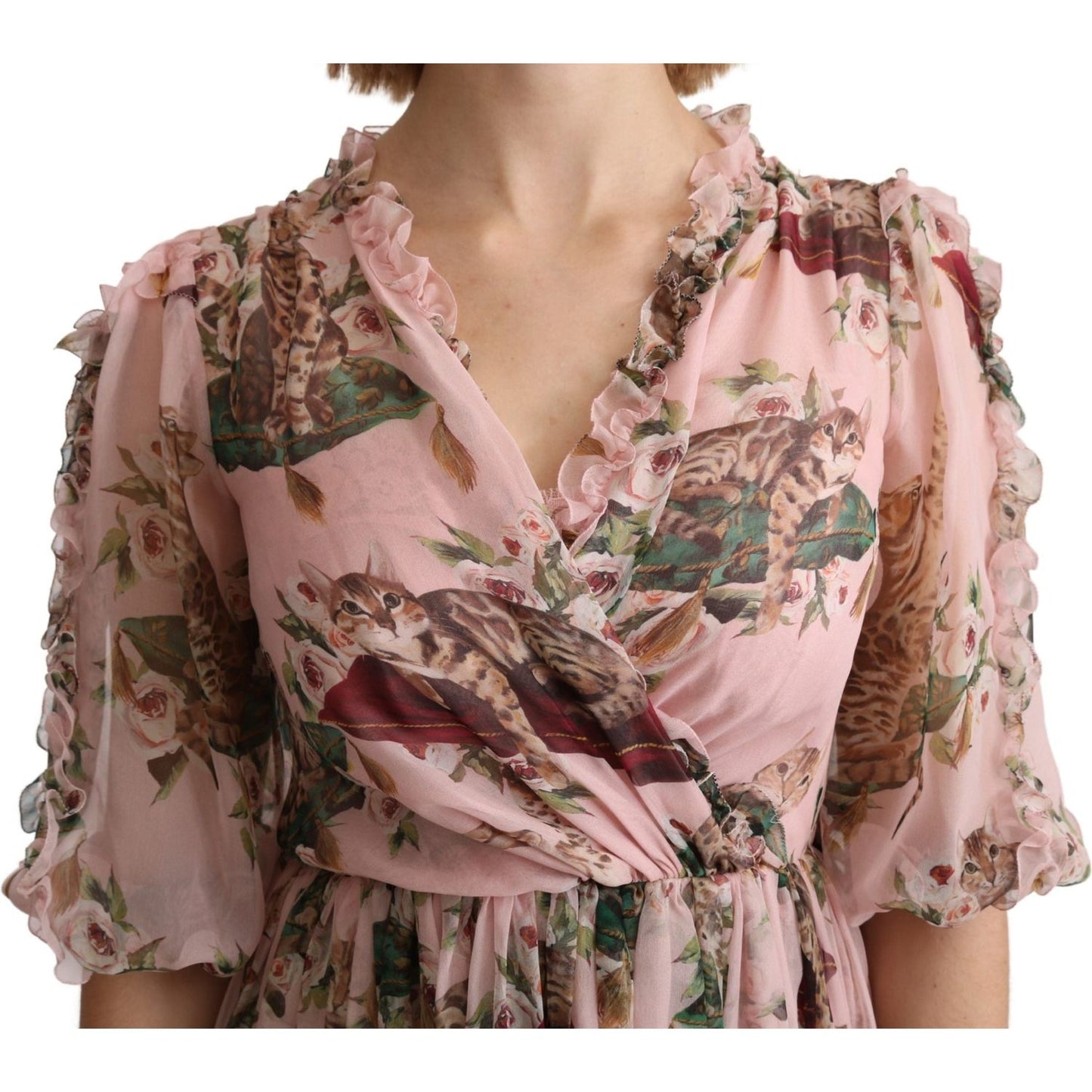 Dolce & Gabbana Pink Bengal Cat Print A-line Maxi Silk Dress