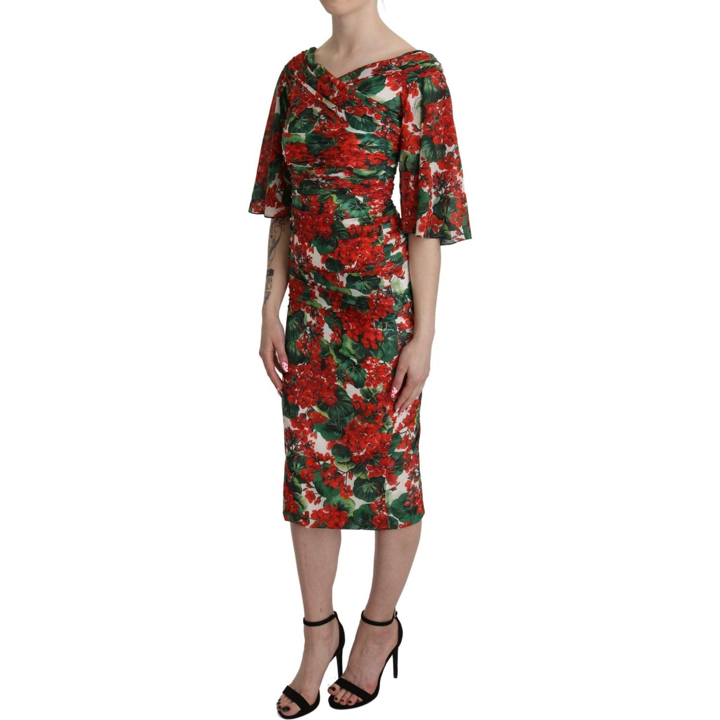 Dolce & Gabbana Red Floral Sheath Midi Silk Stretch Dress DR2617-38