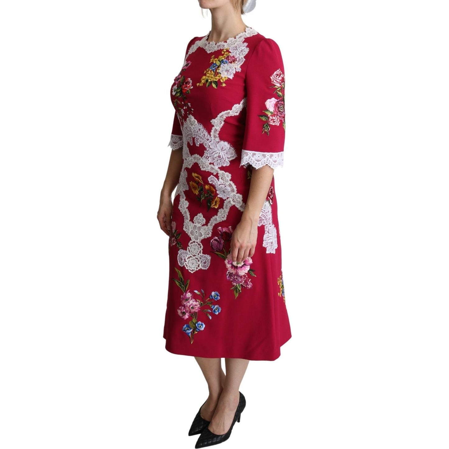 Dolce & Gabbana Red Floral Embroidered Sheath Midi Dress DR2636-42