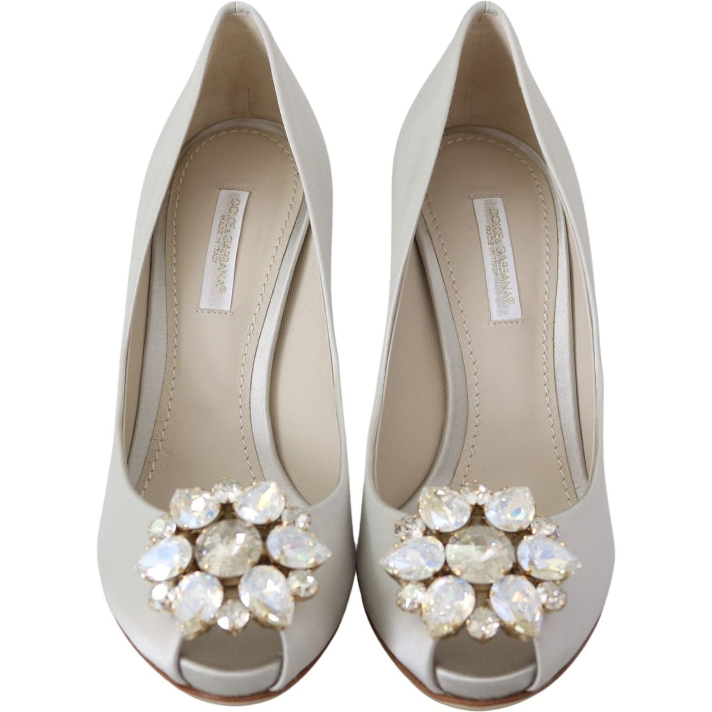 Dolce & Gabbana White Crystals Peep Toe Heels Satin Pumps Shoes LA8092-38.5