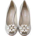 Dolce & Gabbana White Crystals Peep Toe Heels Satin Pumps Shoes LA8092-38.5