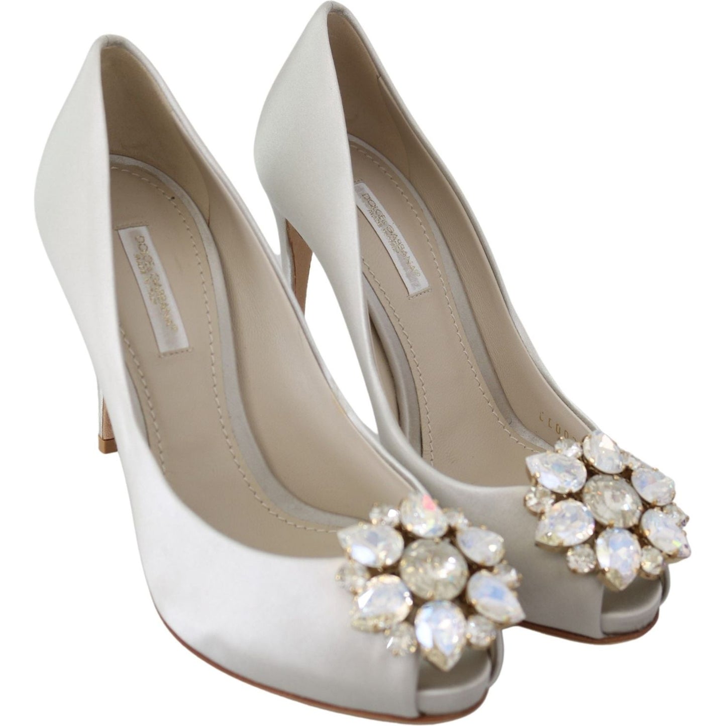 Dolce & Gabbana White Crystals Peep Toe Heels Satin Pumps Shoes LA8092-38.5