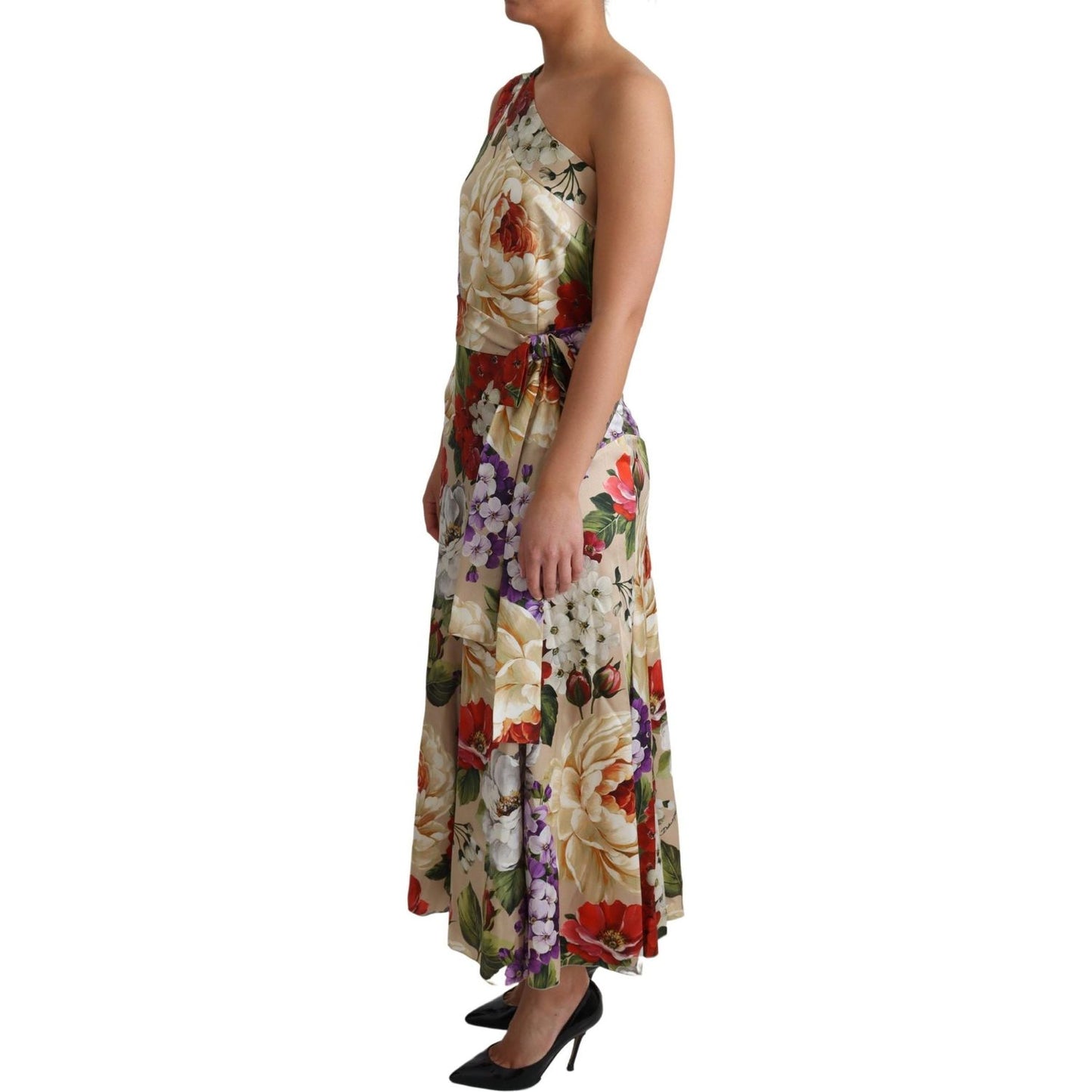 Dolce & Gabbana Elegant One-Shoulder Floral Silk Maxi Dress WOMAN DRESSES Dolce & Gabbana Dim Gray