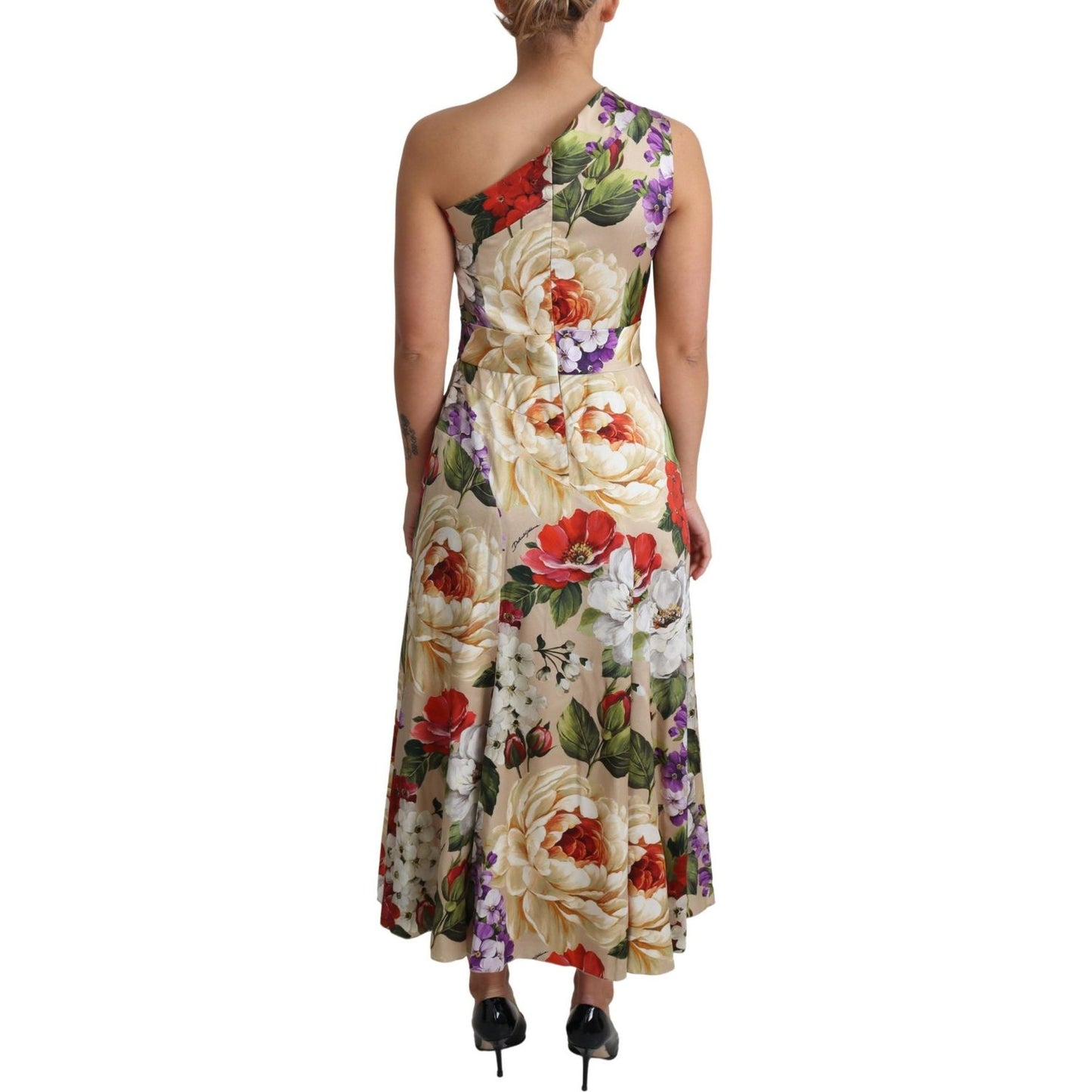 Dolce & Gabbana Elegant One-Shoulder Floral Silk Maxi Dress WOMAN DRESSES Dolce & Gabbana Rosy Brown