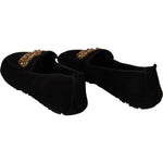 Dolce & Gabbana Black Leather Crystal Gold Crown Loafers Shoes MV3967-39