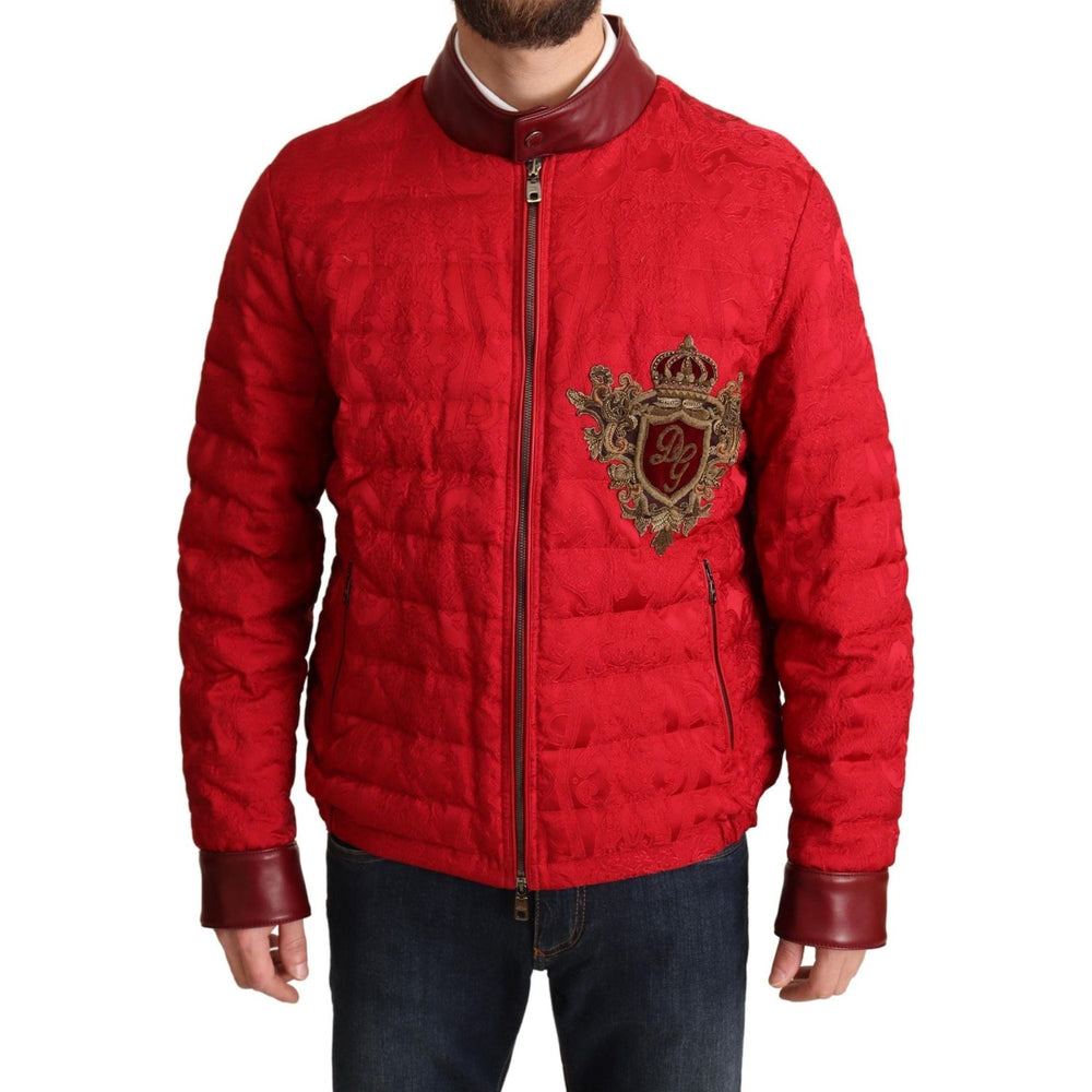 Dolce & Gabbana Red Brocade Bomber Gold Crown Logo Coat Jacket JKT2903-IT48