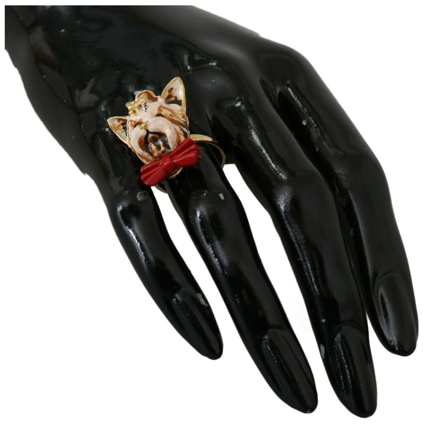 Dolce & Gabbana Gold Brass Resin Beige Dog Pet Branded Accessory Ring SMY2256- 50