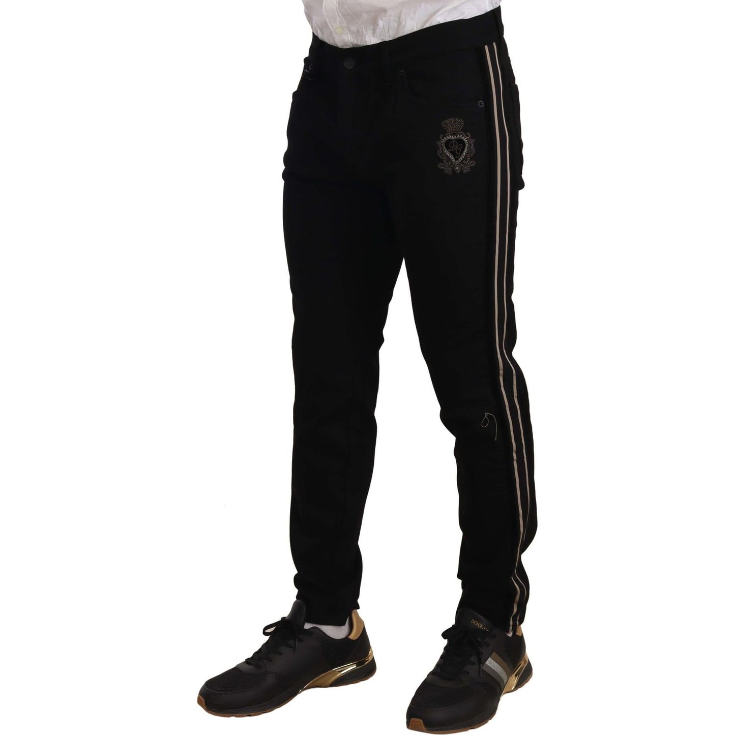 Dolce & Gabbana Heraldic Embroidered Slim Fit Black Jeans Jeans & Pants Dolce & Gabbana Black