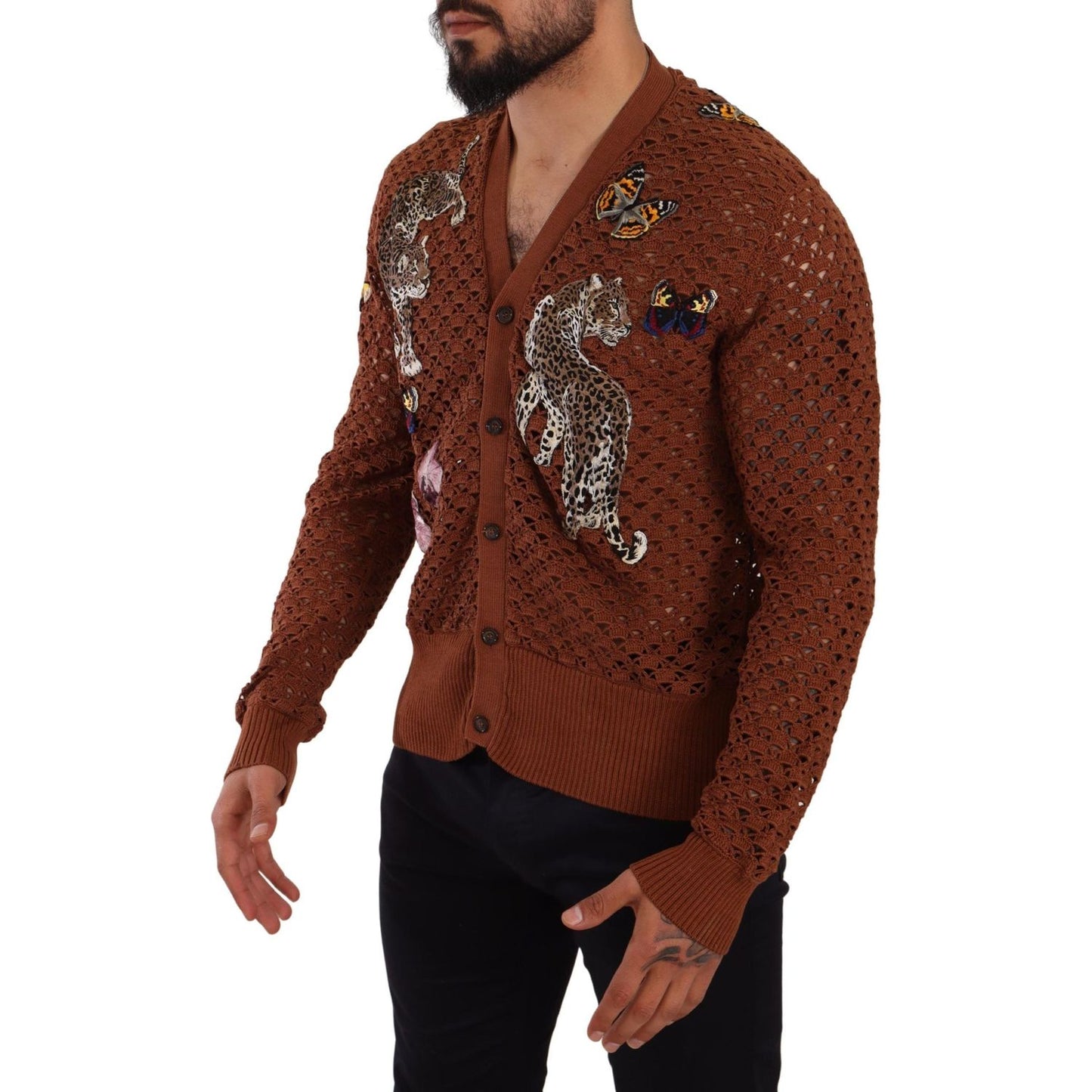 Dolce & Gabbana Brown Leopard Butterfly Cardigan Sweater MAN SWEATERS