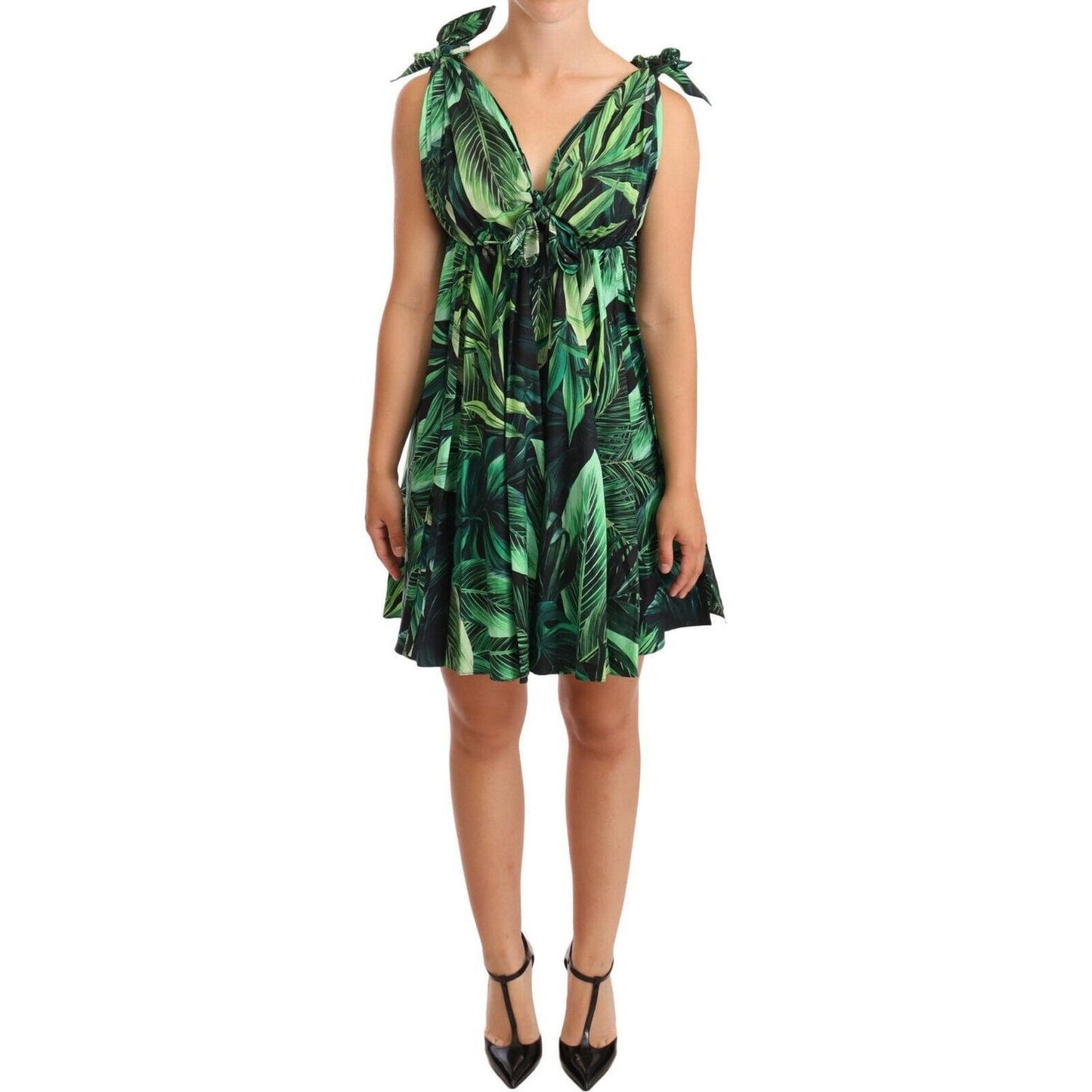 Dolce & Gabbana Green Leaves Print Cotton Flared Mini Dress DR28286-38