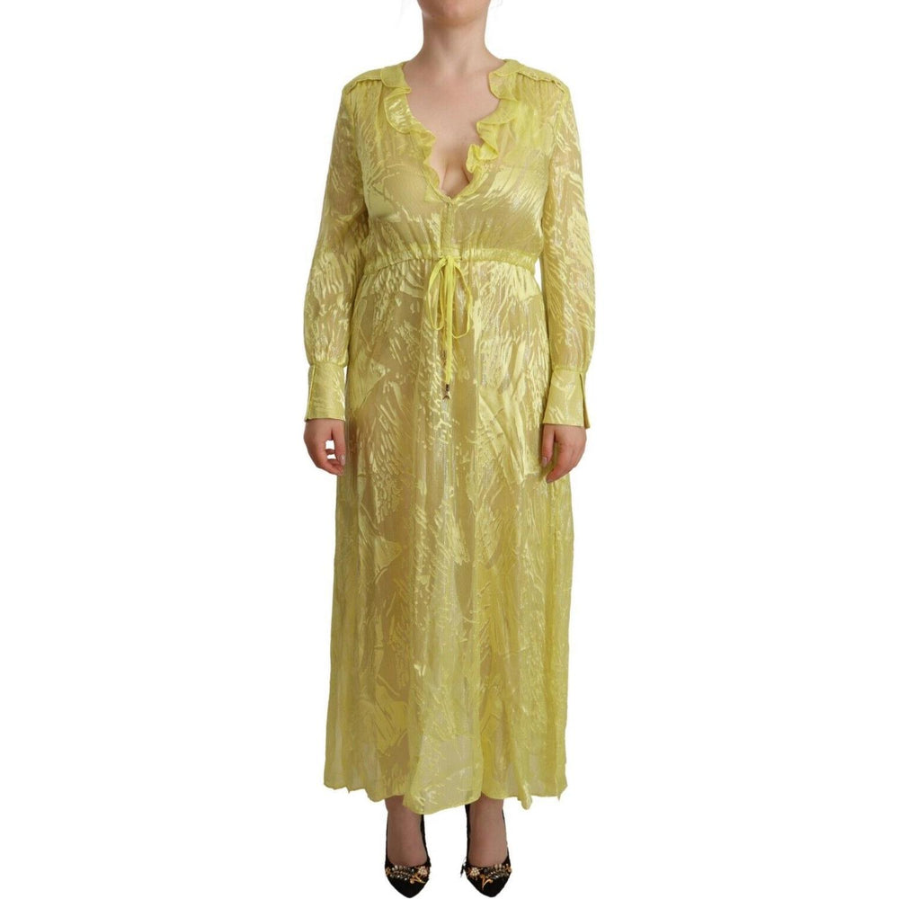 Patrizia Pepe Yellow Silk Long Sleeves Plunging Maxi Dress DR28537 - 40