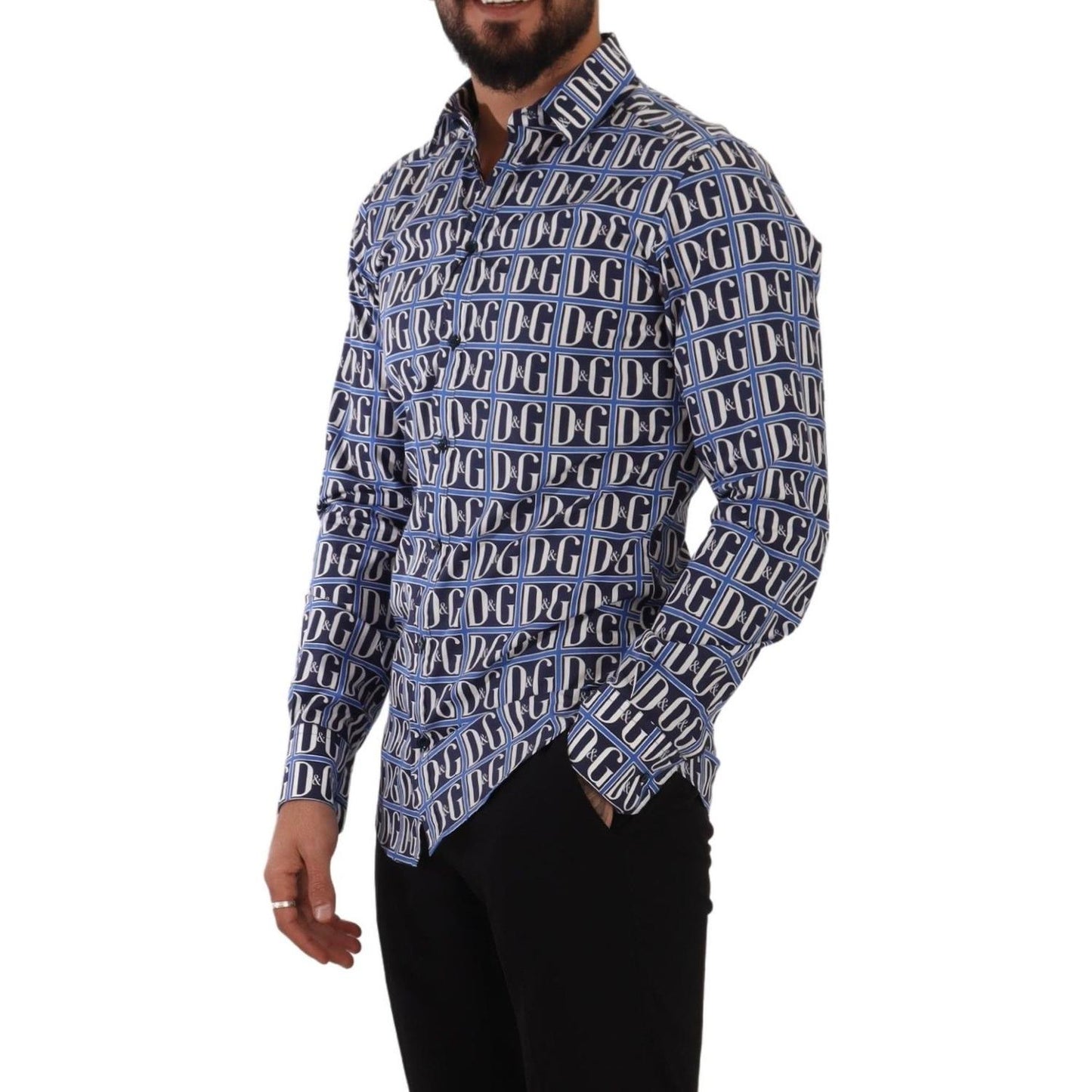 Dolce & Gabbana Slim Fit Blue Logo Cotton Shirt Dolce & Gabbana Dark Slate Gray