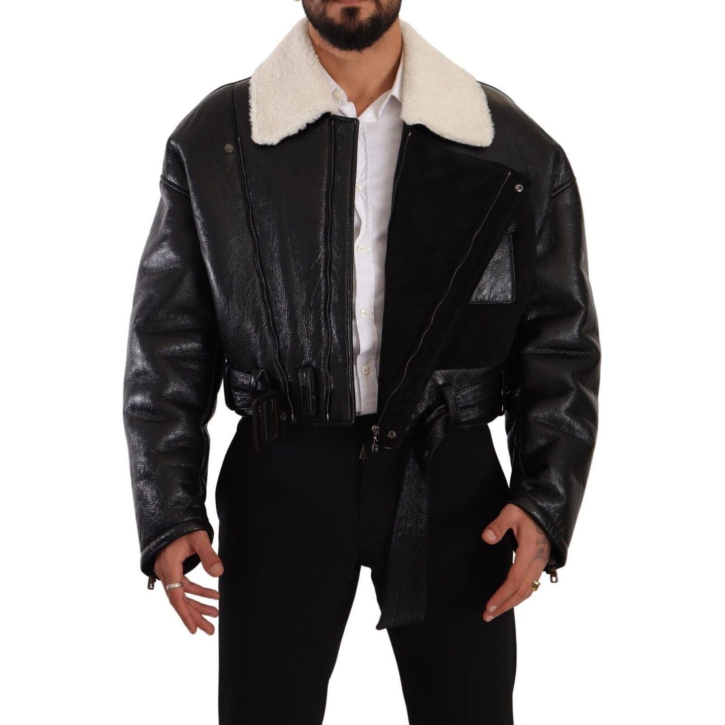 Dolce & Gabbana Elegant Shearling Biker Jacket Dolce & Gabbana Dark Gray