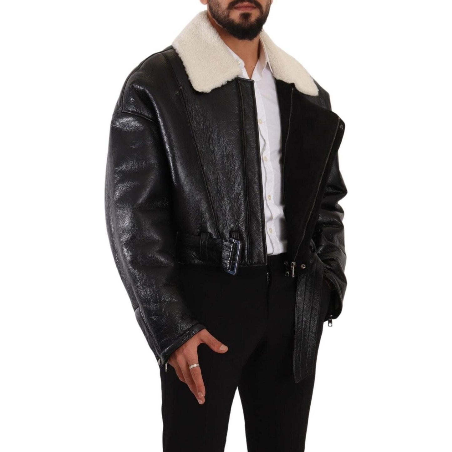 Dolce & Gabbana Elegant Shearling Biker Jacket Dolce & Gabbana Black